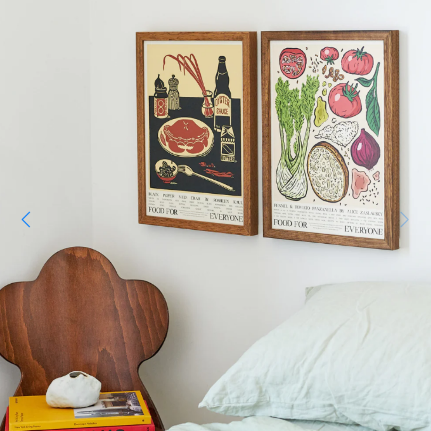 Hung on the bedroom wall Food for Everyone Limited Edition Fennel and Tomato Panzanella Poster A2 printed on recycled coffee cup paper, featuring Billie Justice Thomson's colorful artwork inspired by Alice Zaslavsky's vibrant cooking; unframed