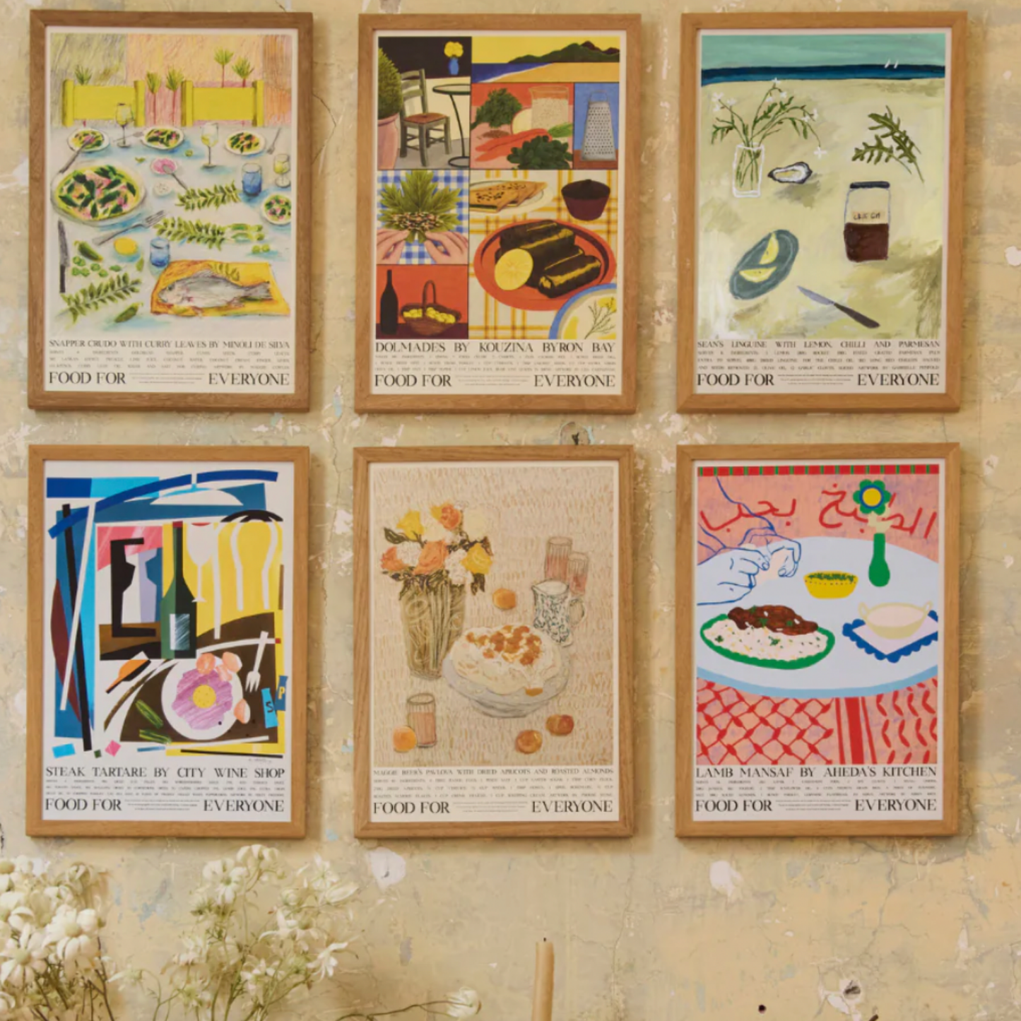 Food For Everyone Sean Moran Linguine artwork A2 front view in frame hanging on wall with other artworks