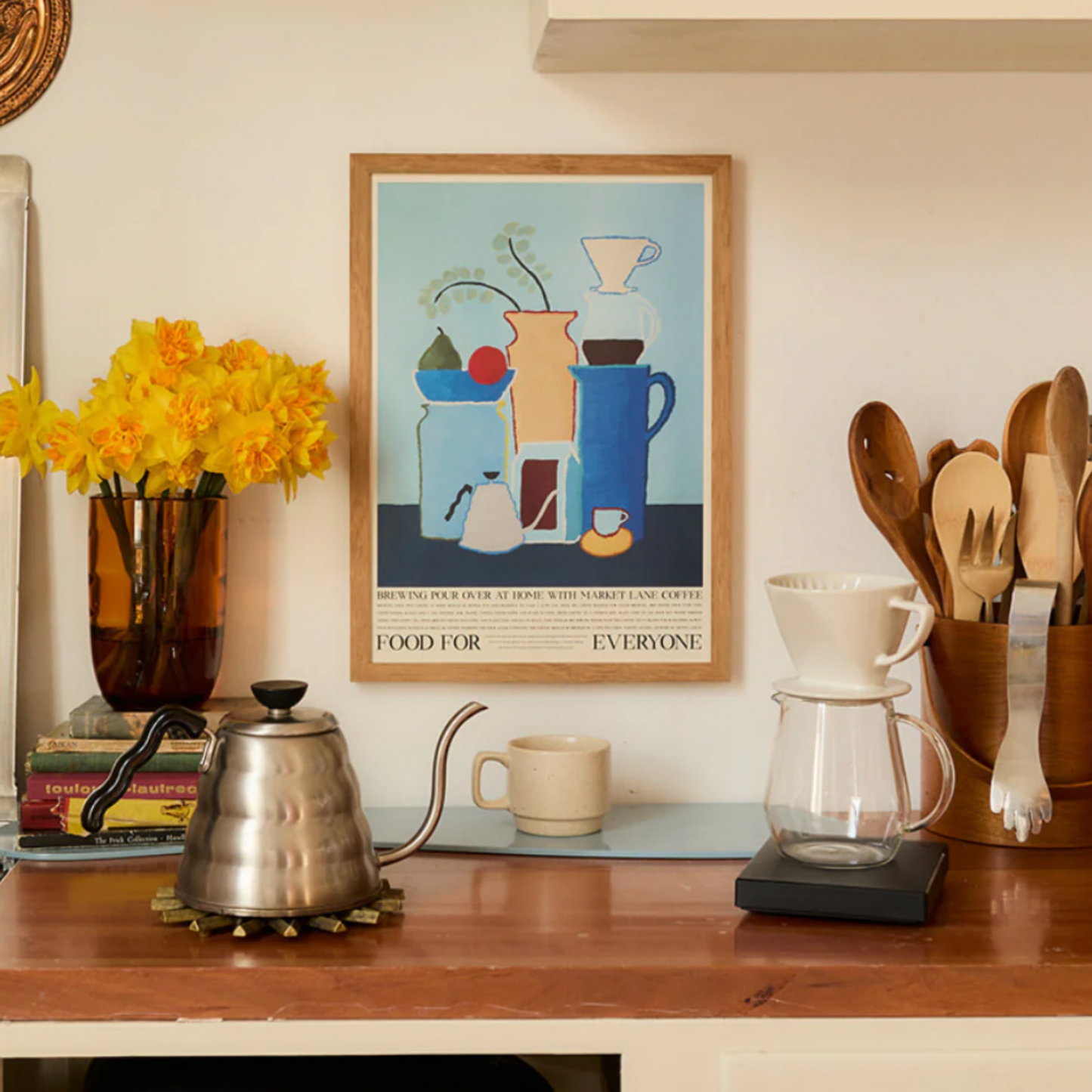 Food For Everyone Pour Over at Home artwork A2 front view in frame hanging in kitchen