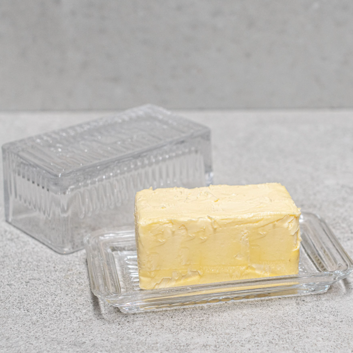 Heaven in Earth Glass Butter Dish with butter inside and lid off