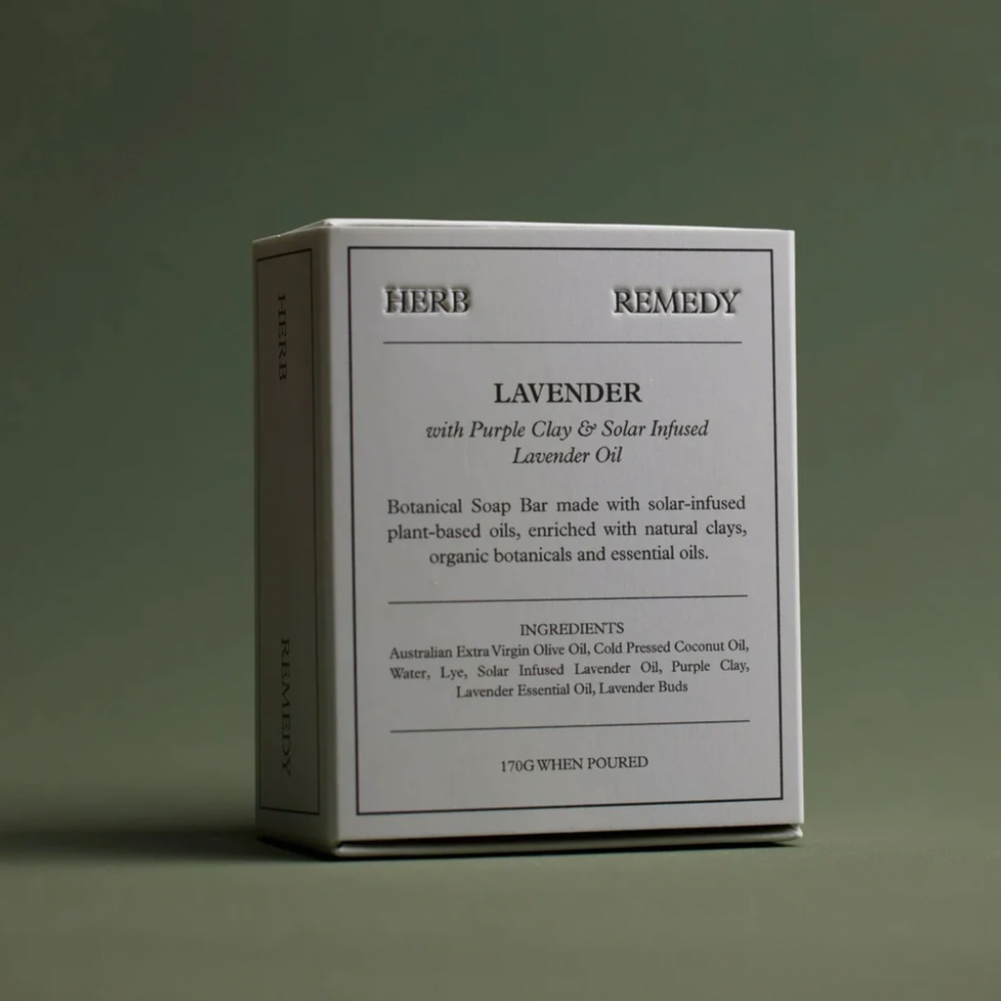Close up on Herb Remedy Lavender soap front packaging