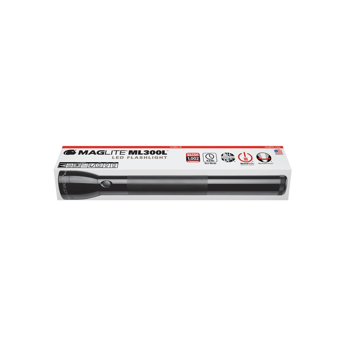 Side lying down view of black ml300l Maglite torch packaging box