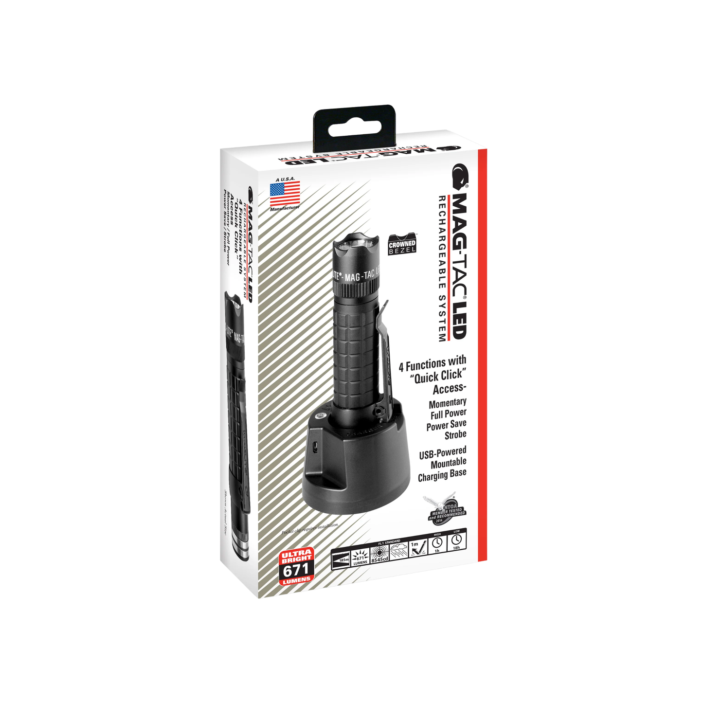 Packaging box for black tactical rechargeable Maglite torch front view