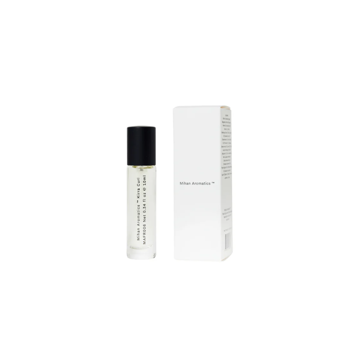 Shown with packaging of Mihan Aromatics Kirra Curl Parfum in clear glass bottle, 10ml, woody amber scent blending sea salt, lemon rind, leather, surf wax, and Australian sandalwood. Inspired by sun-soaked surf days along the Australian coast. Hand-filled in Melbourne, cruelty-free and vegan, with 30% perfume concentrate for lasting fragrance.
