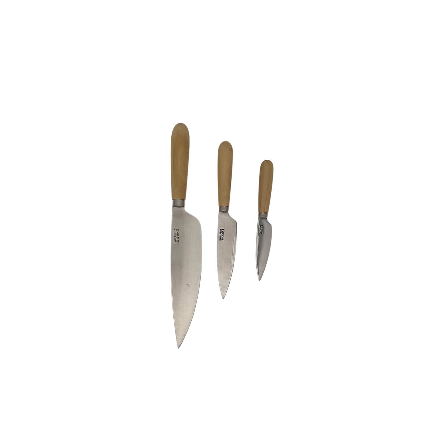 Pallares Solsona carbon steel kitchen knife range next to eachother front view
