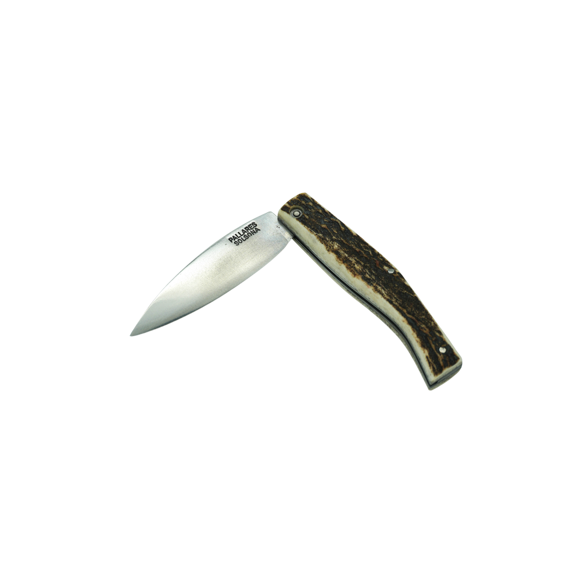 Semi folded view of the Pallares Solsona Pocket Knife Busa 8cm Carbon Steel Deer Horn Handle