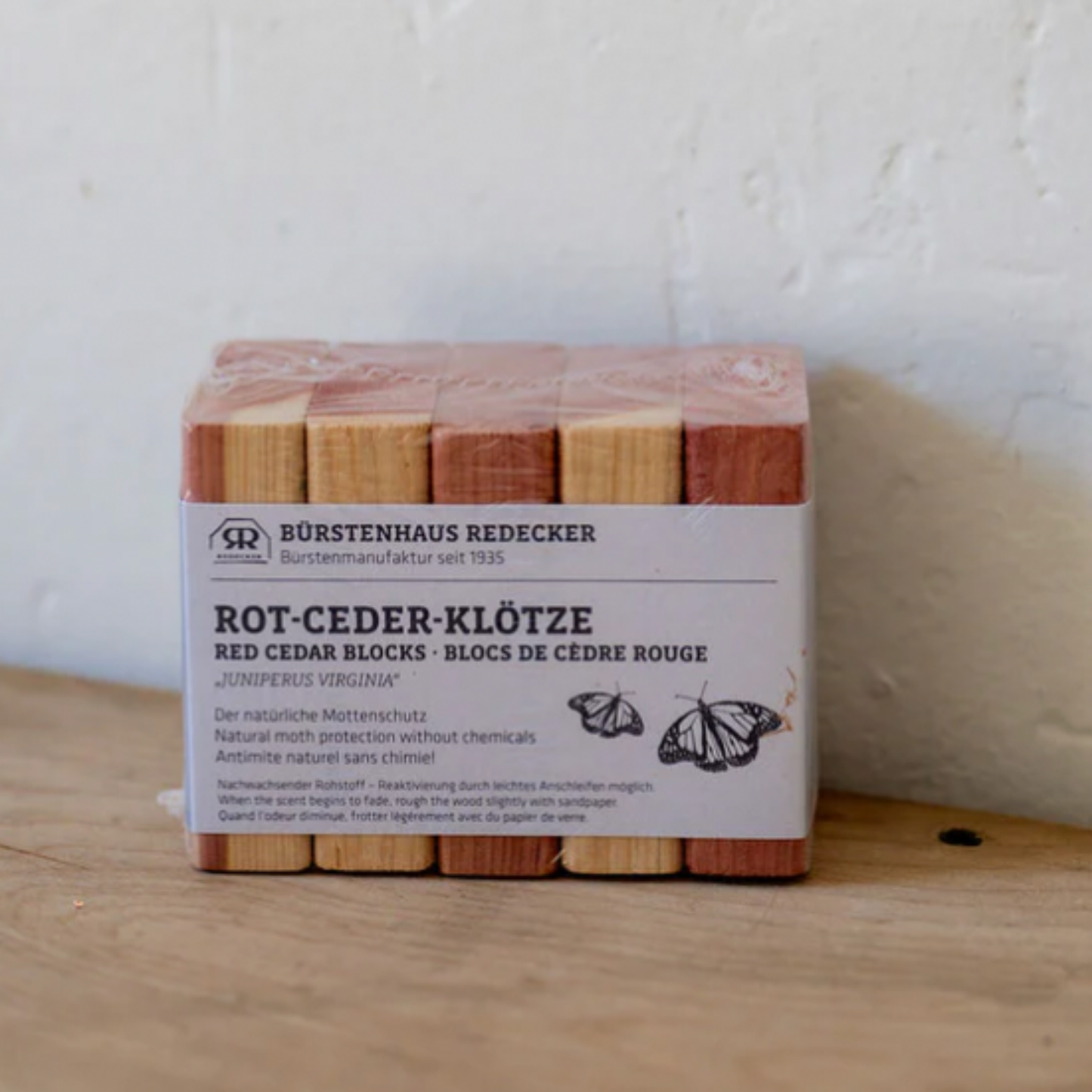 Redecker cedar blocks on display in packaging