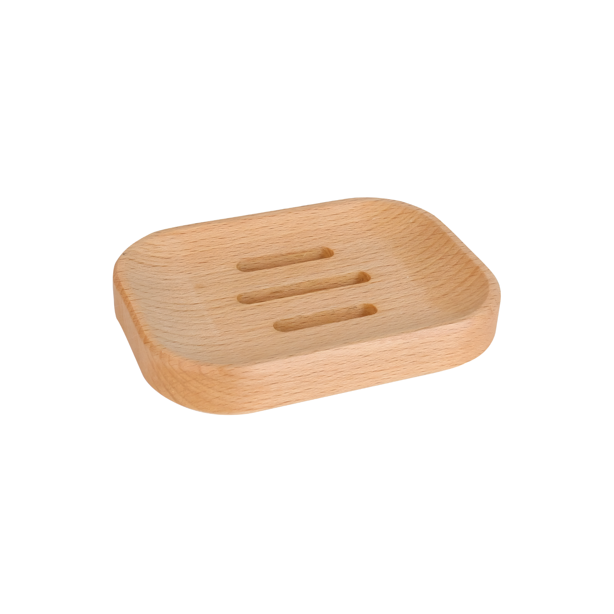 Fathom soap dish made from oiled beech wood with rubber feet and drainage holes, natural wooden soap holder for bathroom use.