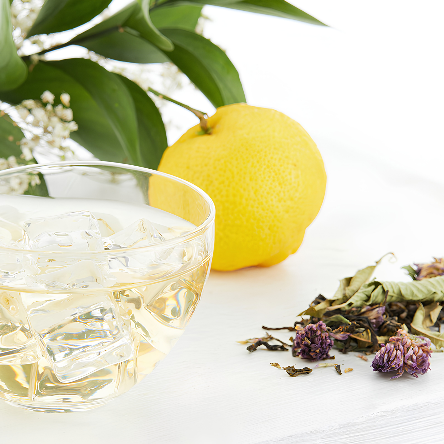 The Ripple Effect Tea Co Loose Leaf Tea 50g Meaningful Green with a bowl of water and ice cubes, lemon and wild green tea leaves, Red clover blossoms, Lemon verbena and Gynostemma vine. Antioxidant and healthy.