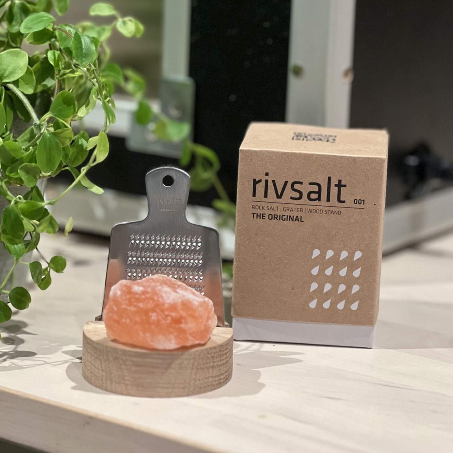 The Original Rivsalt Oak next to packaging box on countertop