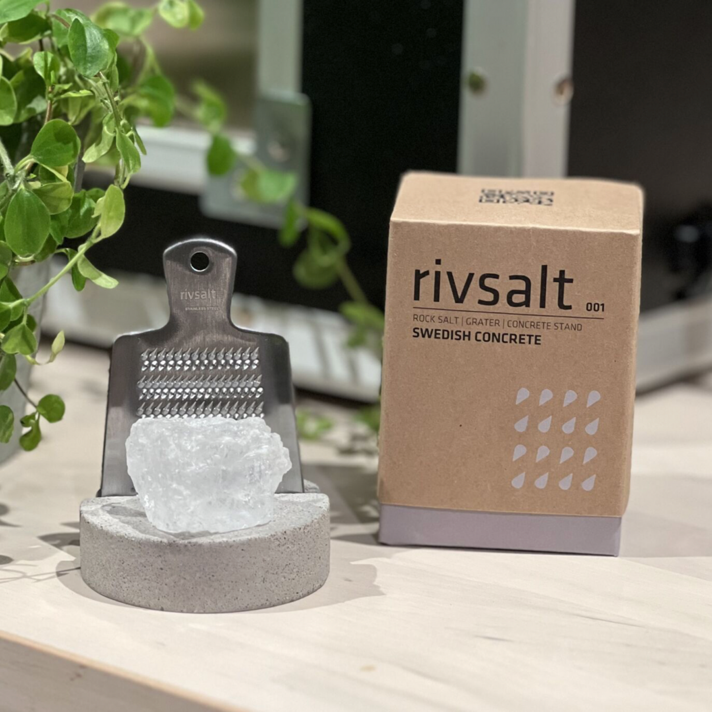 The Original Rivsalt Swedish Concrete next to packaging box on countertop