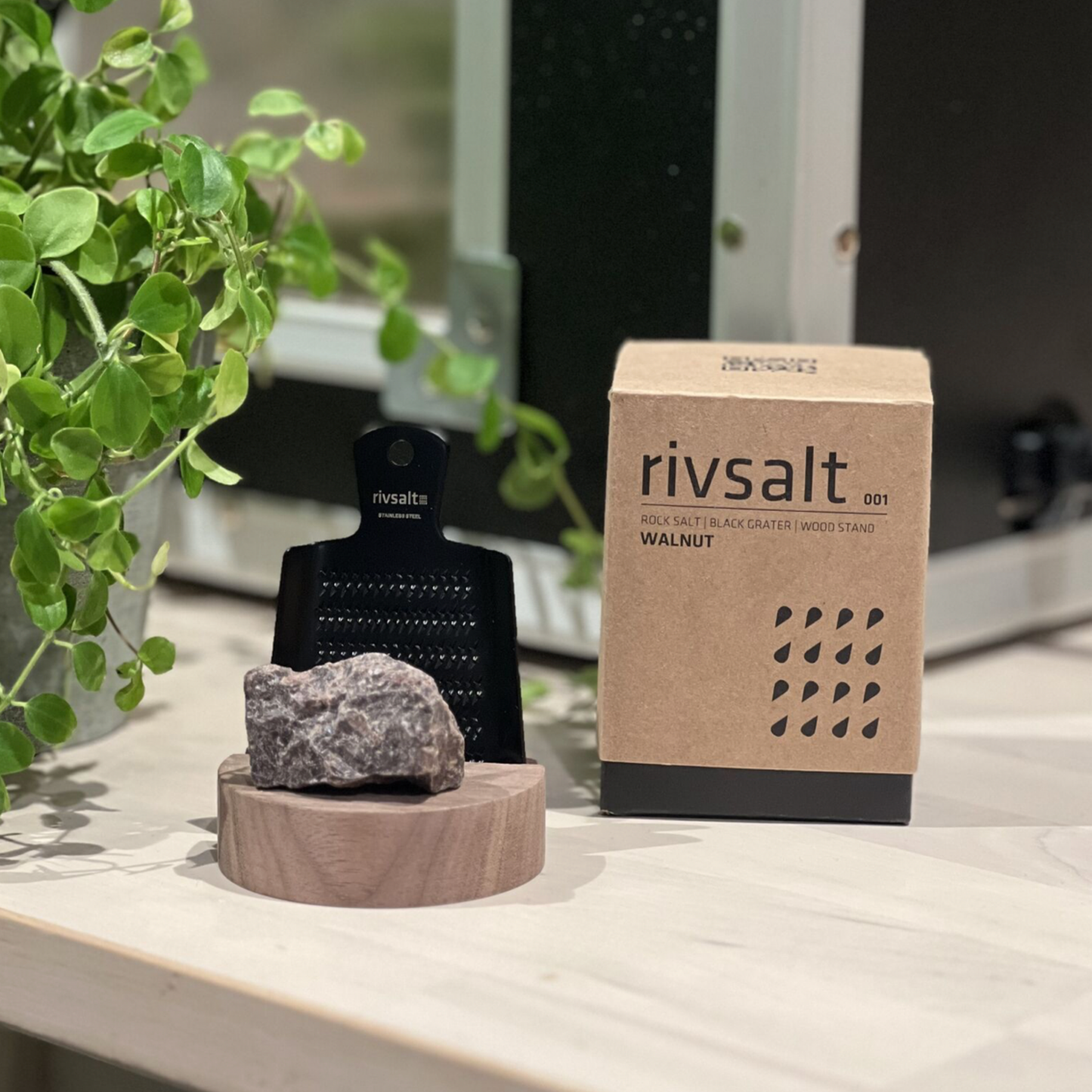 The Original Rivsalt Walnut next to packaging box on countertop