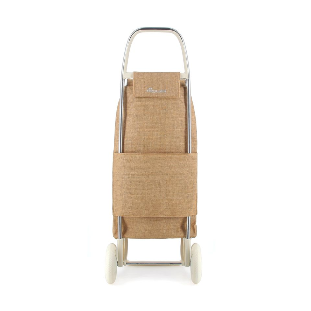 Back view of Rolser I-MAX YUTE two-wheel aluminum trolley with off-white chassis and natural jute bag, fold-down base for compact storage, backpack-style format with double interior pockets, drawstring and flap closure, lightweight and sustainable design ideal for carrying laundry, groceries, or beach items.