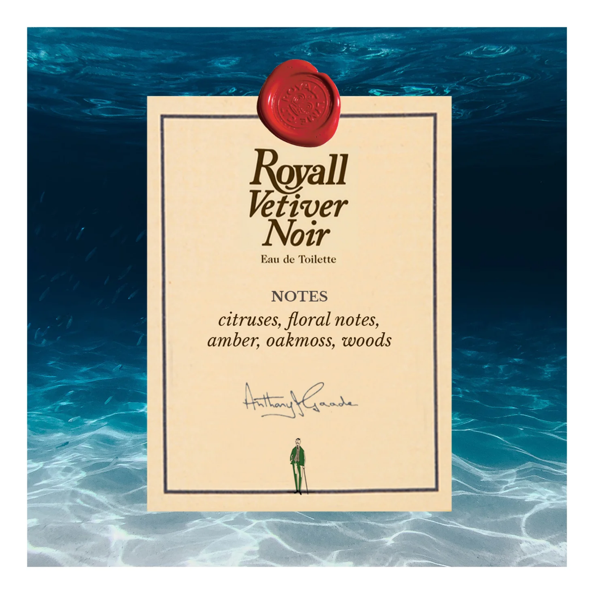 Notes information for Royall Lyme Bermuda Vetiver Noir, black hand-made glass bottle with pewter-colored crown cap and white label, displayed on a plain white background.
