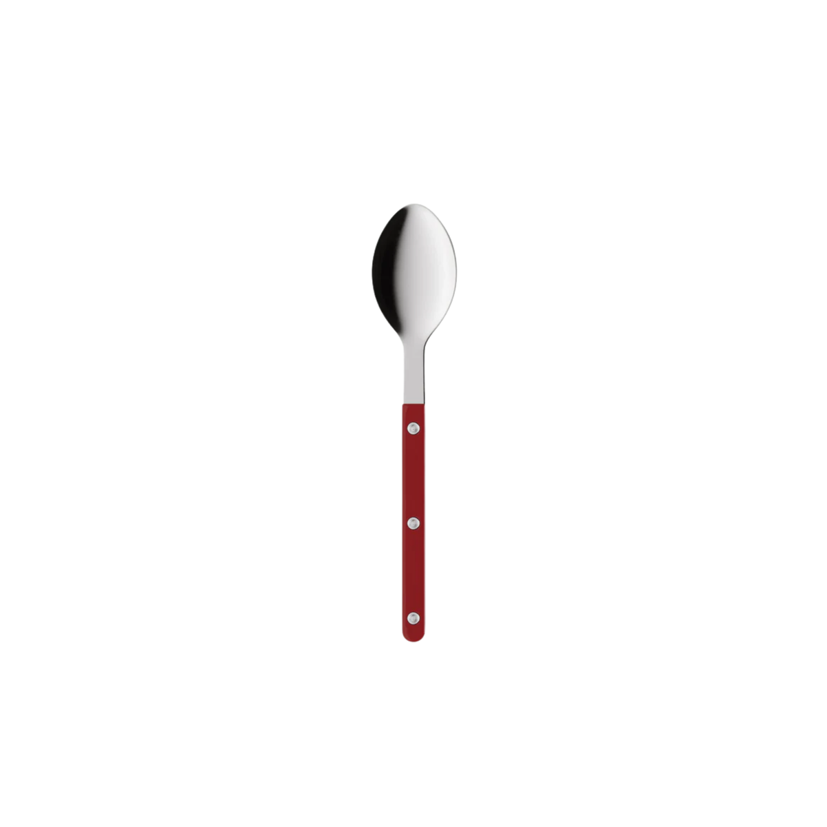 Sabre Paris Bistrot Soup Spoon Burgundy - 22cm stainless steel spoon with colorful nylon handle and visible rivets. Inspired by French cafés, this large, elegant, and durable soup spoon comes in gloss or vintage finishes and is dishwasher-safe.