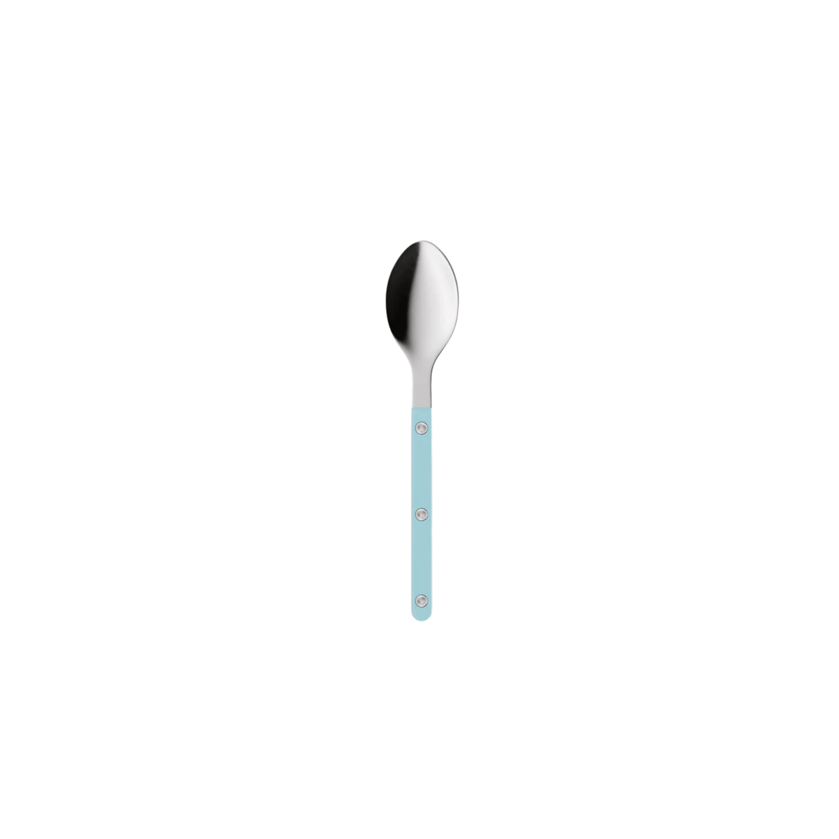 Sabre Paris Bistrot Teaspoon Pastel blue - 16cm stainless steel teaspoon with colorful nylon handle and visible rivets. Inspired by classic bistro charm with a modern touch, available in gloss or vintage finishes. Dishwasher-safe and perfect for everyday tea or coffee moments.