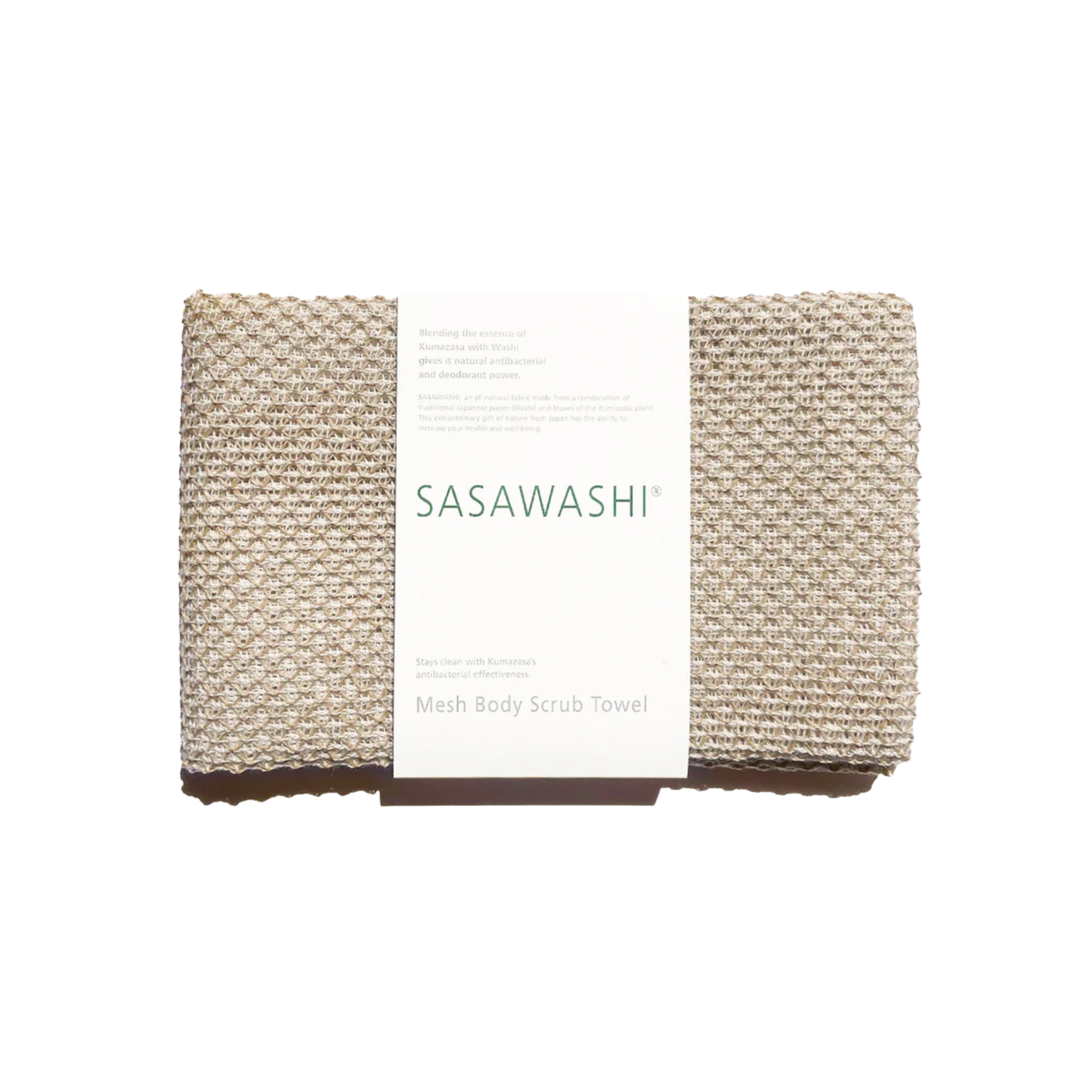 Sasawashi mesh body scrub towel in cardbord sleeve packaging.