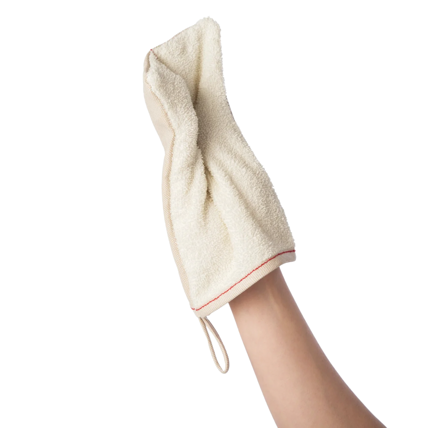 Hand in Sasawashi body scrub mitten scrunching mitten.