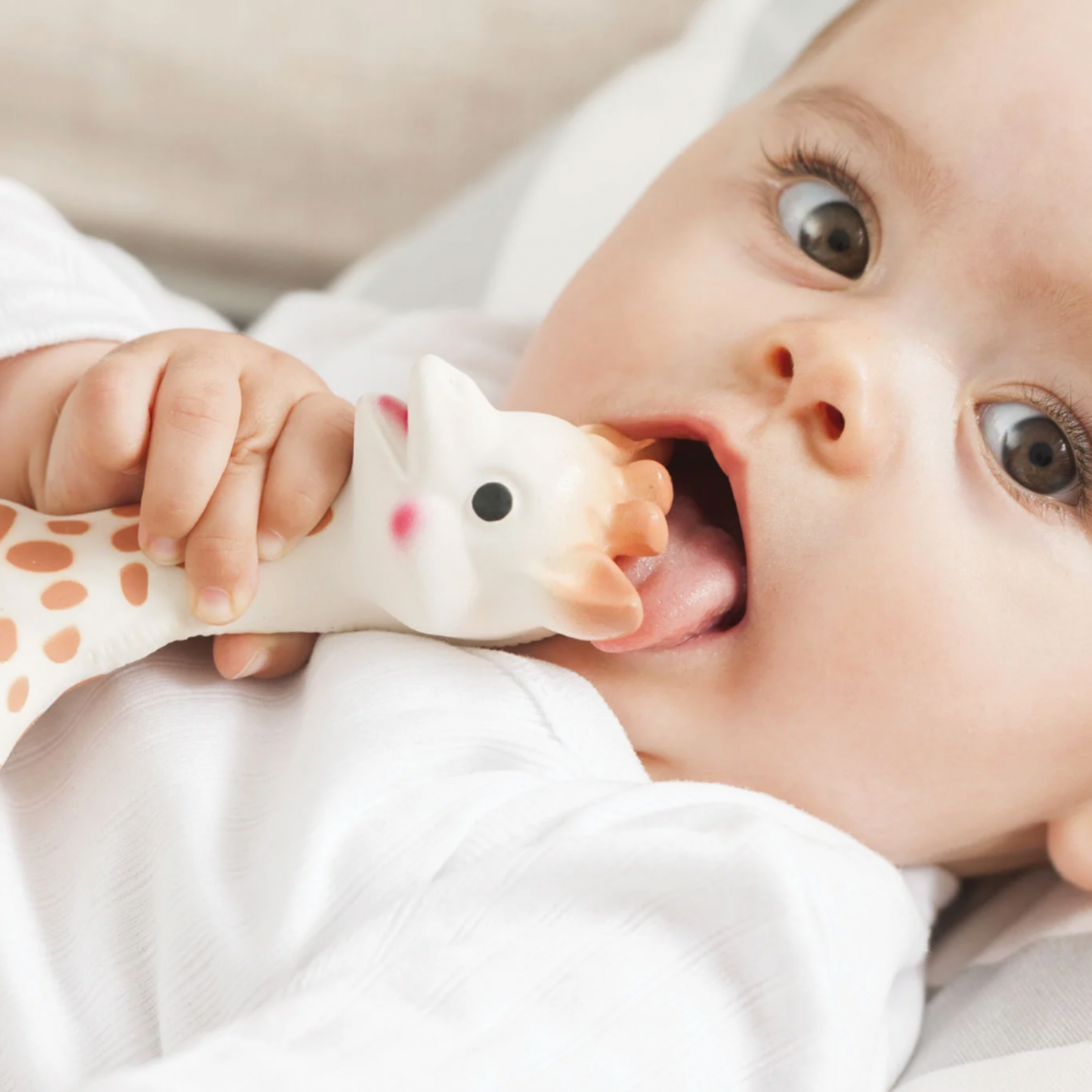 Baby lying on bed with Sophie La Girafe toy in mouth