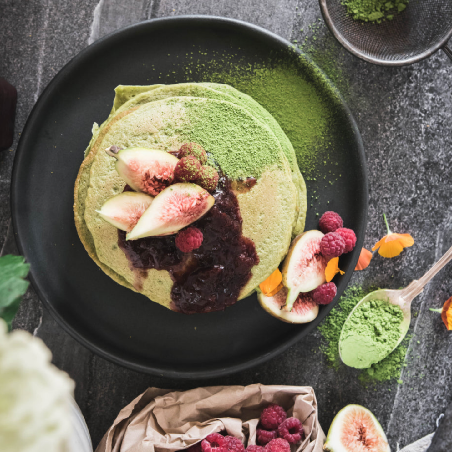 Storm and India Matcha in Pouch 100g Mood Matcha used to add garnish on matcha pancakes