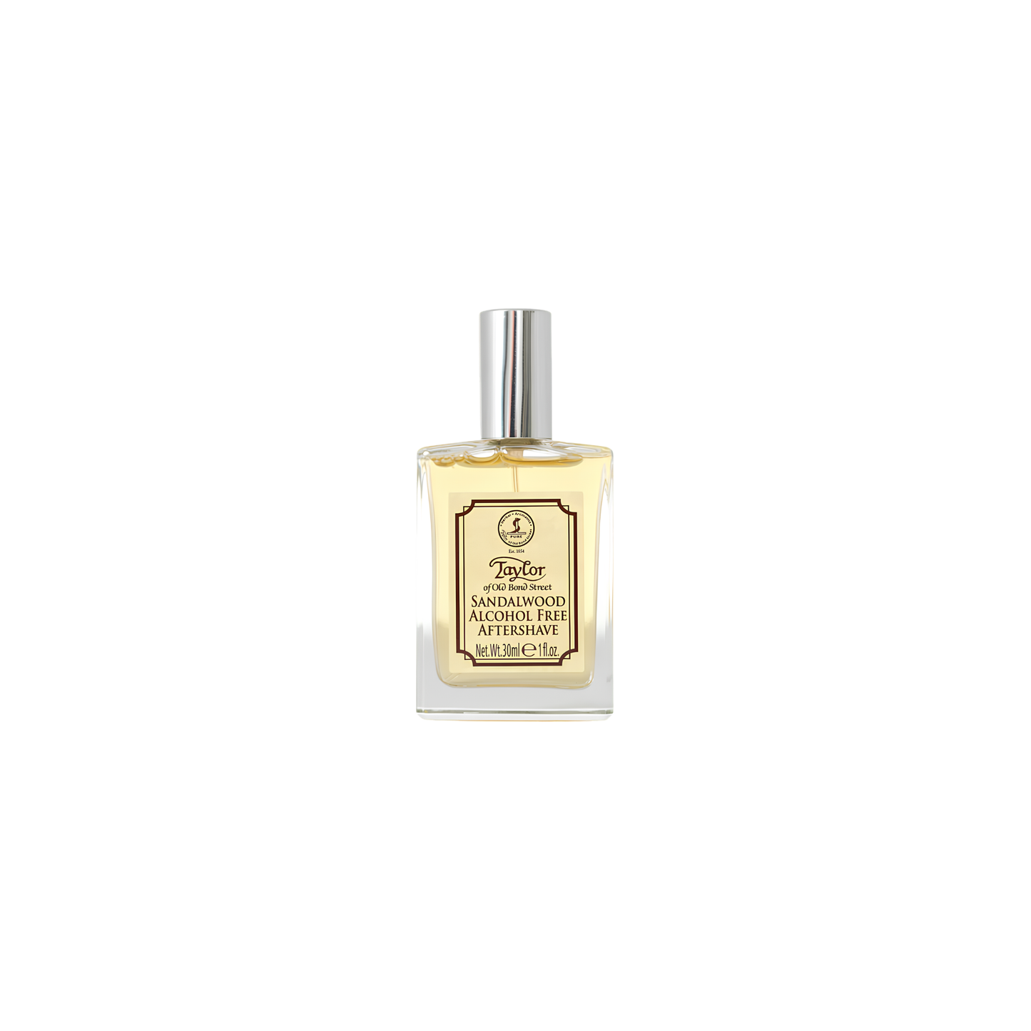 Front view of the bottle from Taylor of Old Bond Street Gentlemans Aftershave Lotion 30ml Sandalwood is alcohol free with spray top, ideal for travel.