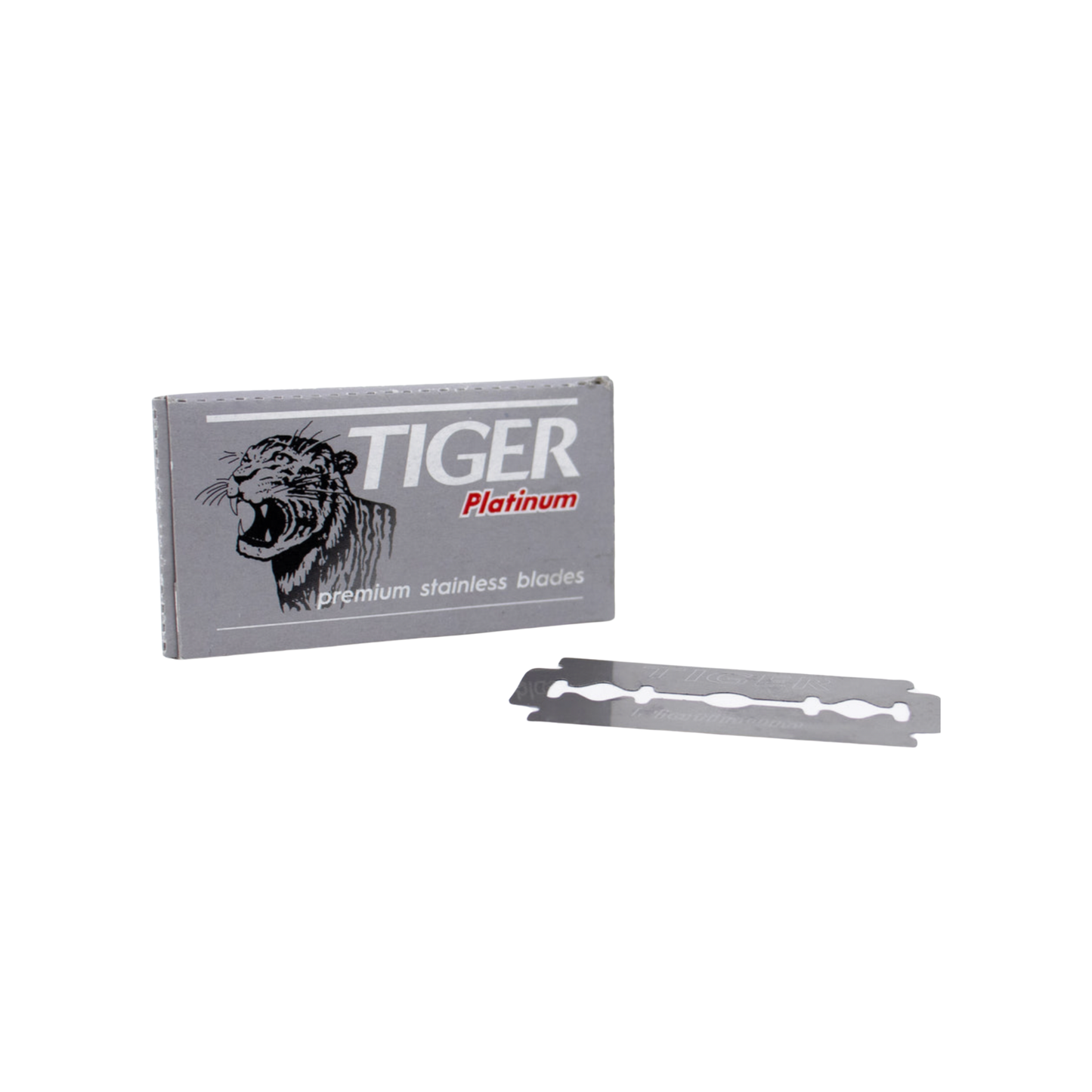 Razor Blades (pack of 5) Tiger Platinum on display next to packaging