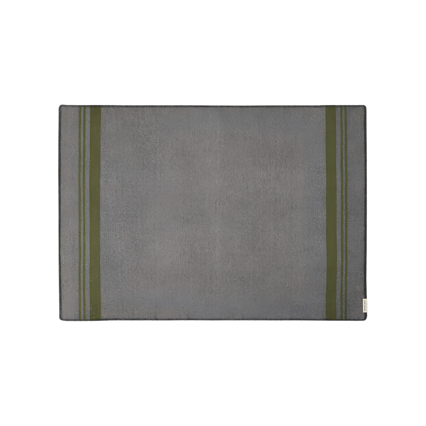 Front view of the Waverley Mills Field Blanket Charcoal from military origins, charcoal whip stitch fringe, and recycled wool in charcoal and grey with green stripe.
