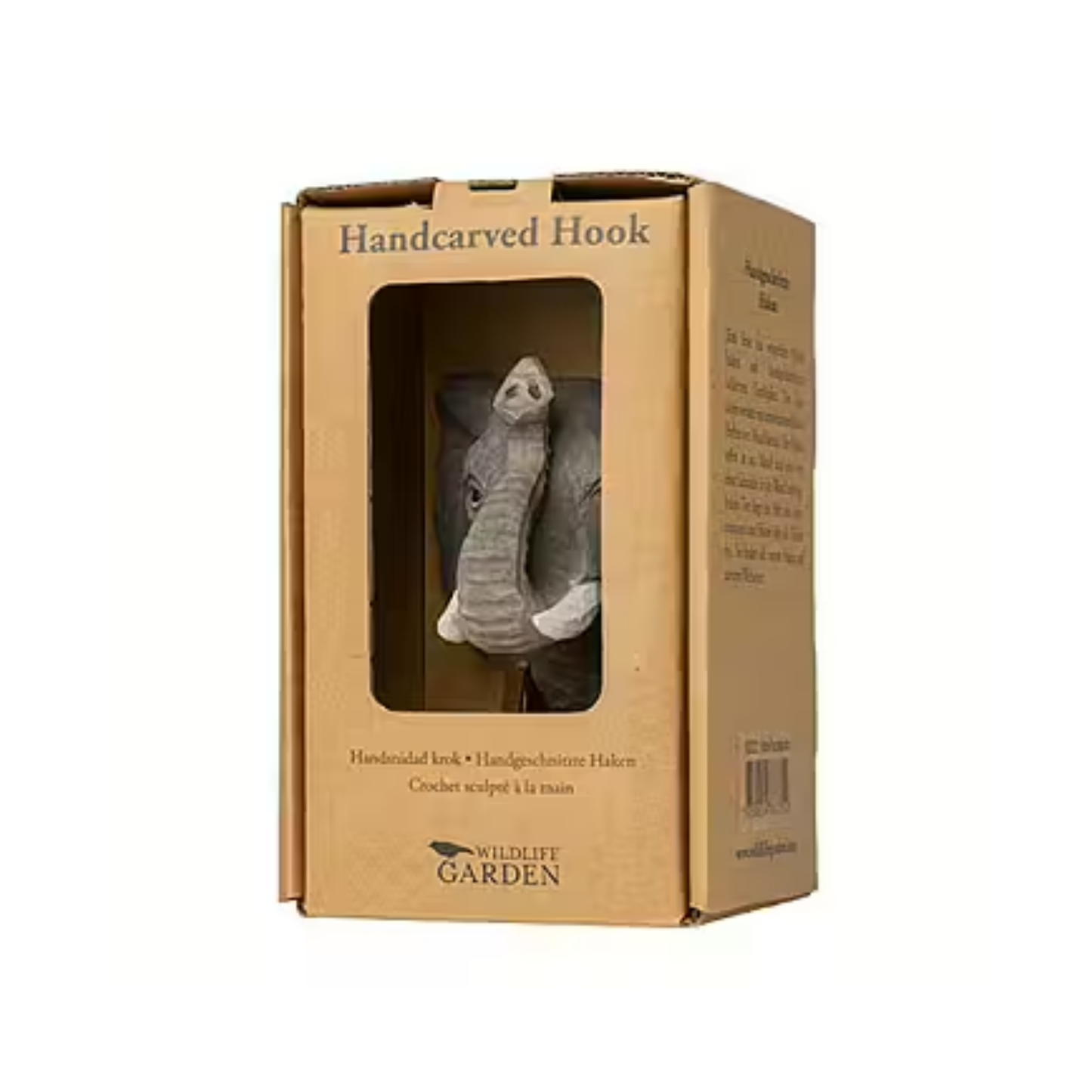 Packaging box of Wildlife Garden Elephant Decorative Hook - brown hand-carved wood with water-based paint, featuring a lifelike elephant design; includes gift carton and animal fact booklet.