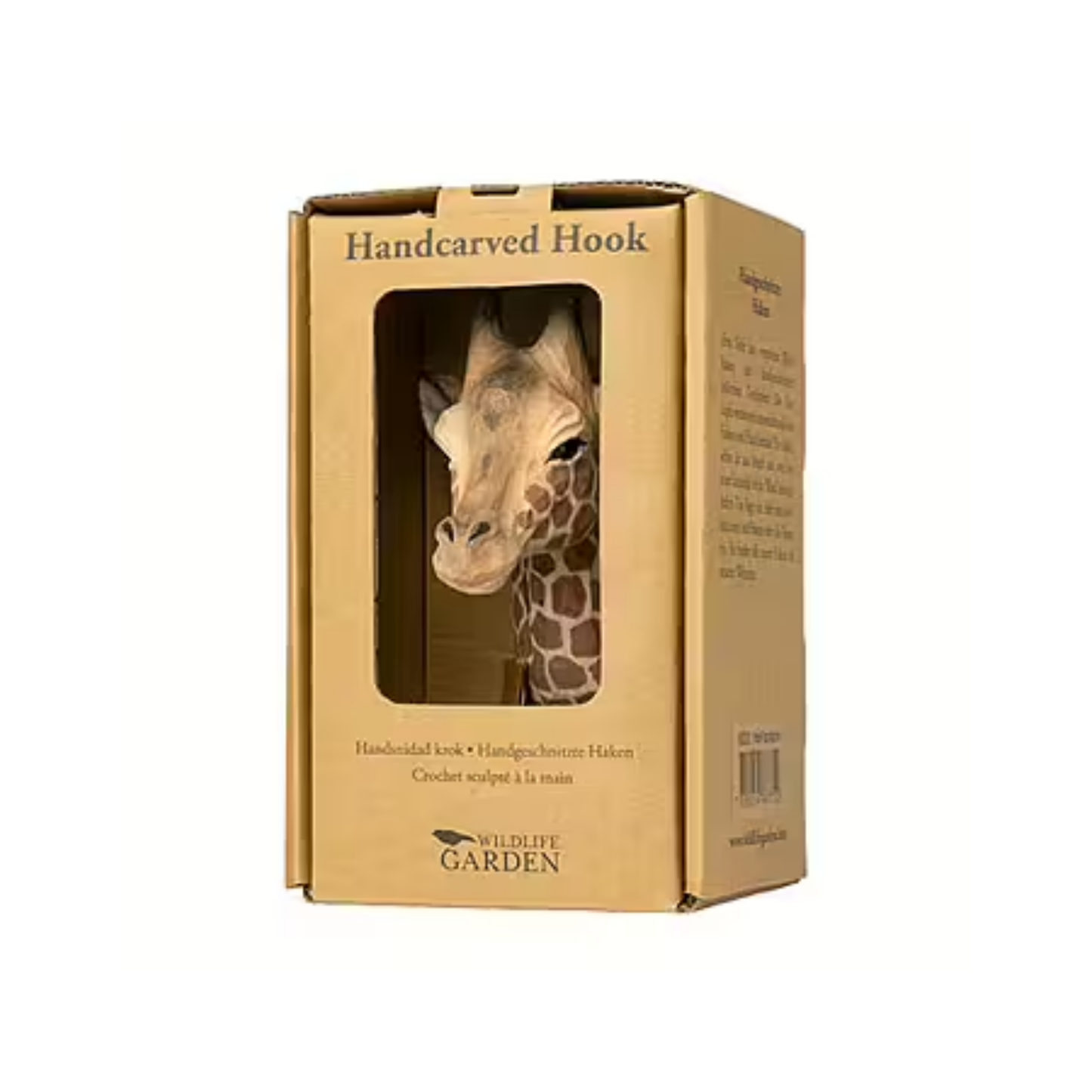Box packaging with the Wildlife Garden Giraffe Decorative Hook - yellow hand-carved wood with water-based paint, featuring a detailed giraffe design; includes gift carton and animal fact booklet.