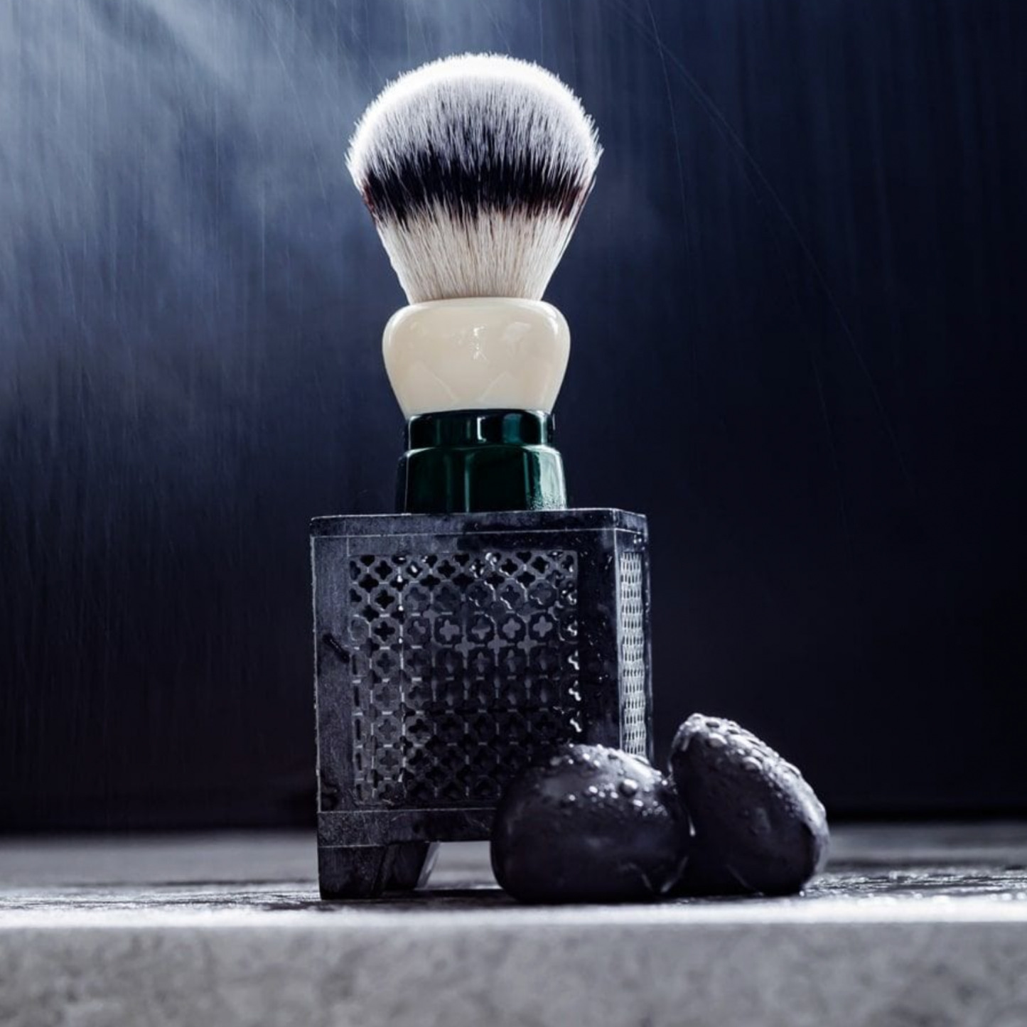 Yaqi Shaving Brush Synthetic Obsidian in shower on stone floor