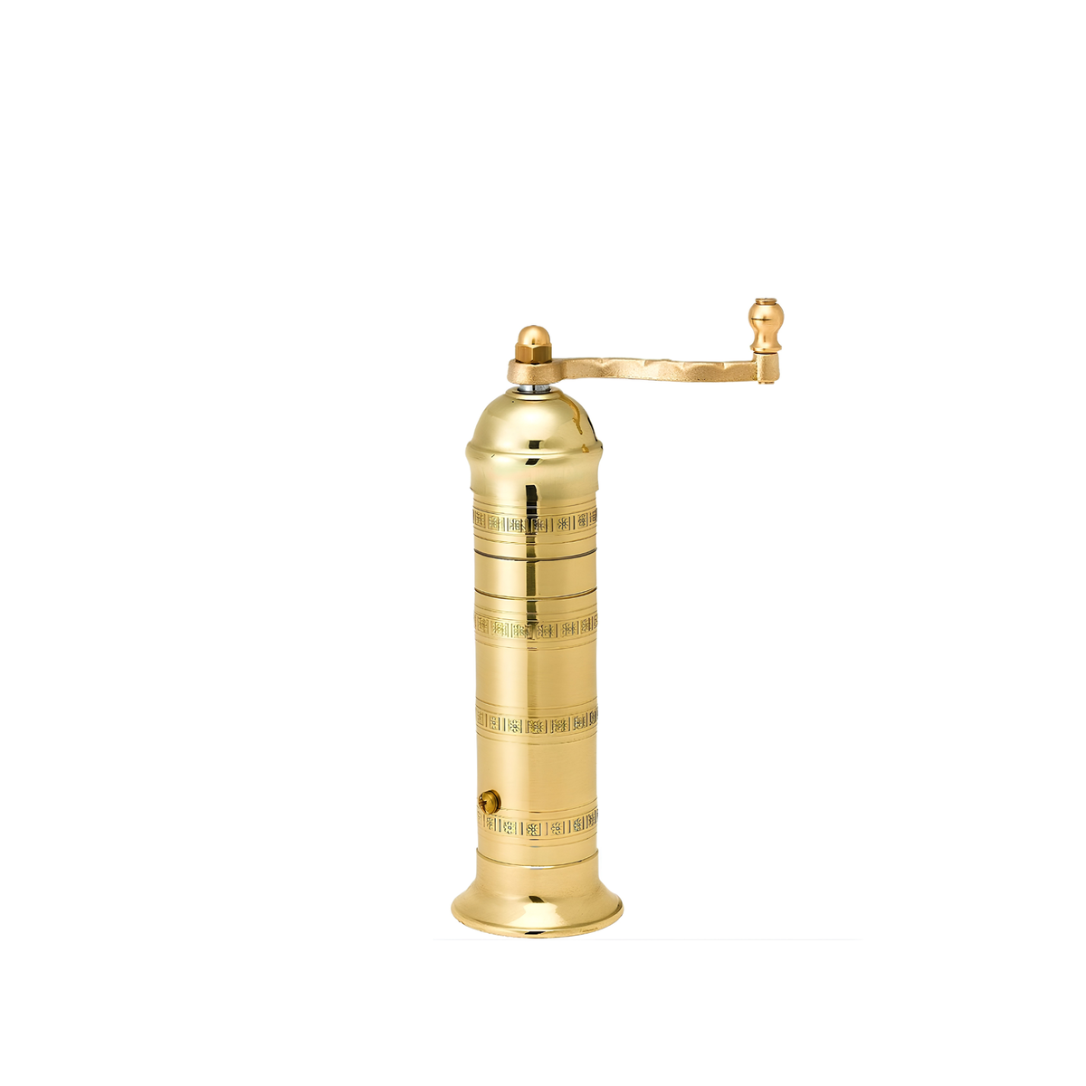 Front view of the pepper grinder from the Alexander Mills Brass Salt & Pepper Grinder Gift Set 20cm in Presentation Wood Box, grinders have 3DCut system for pepper or salt grinding for maximum flavor and aroma.