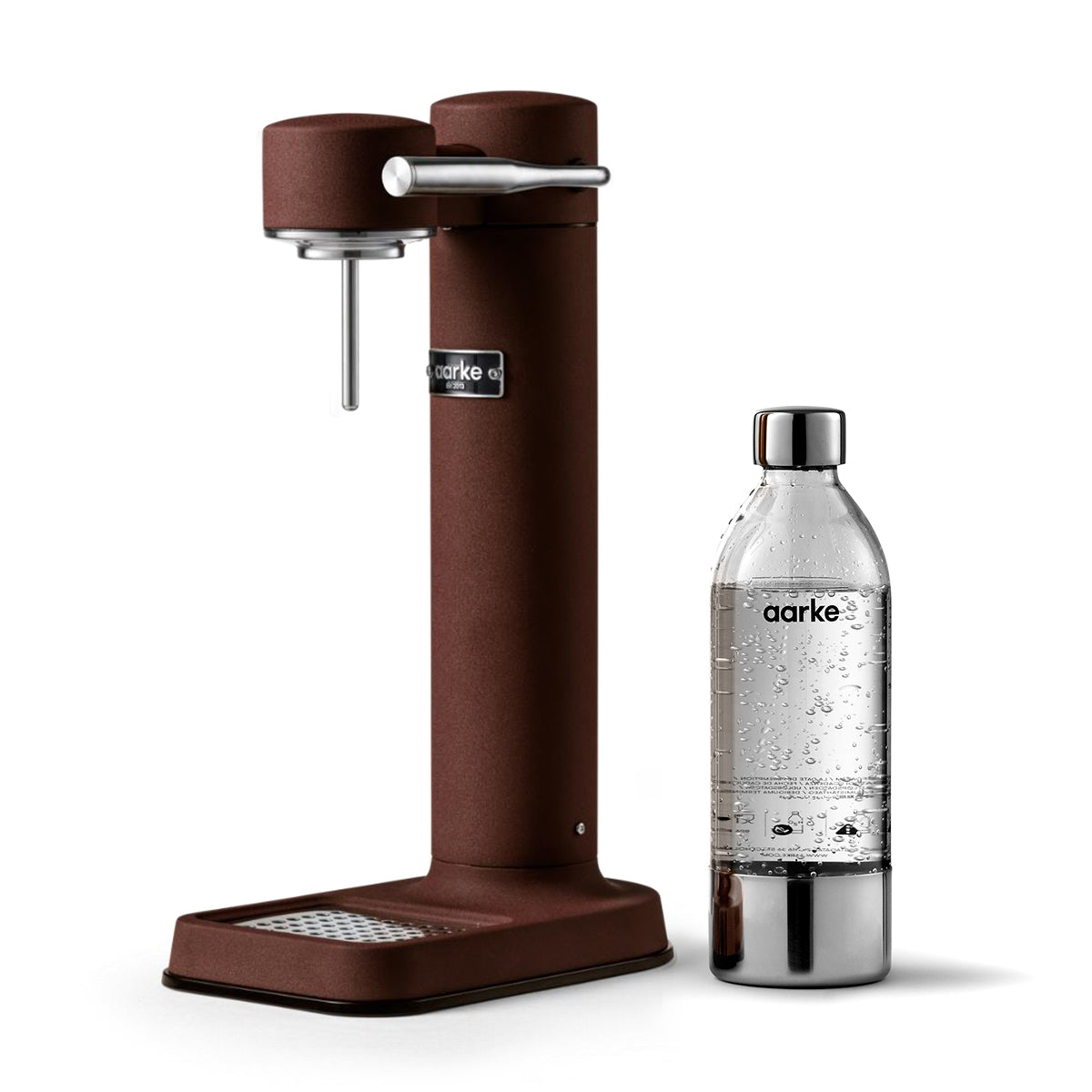 Stylish sparkling water maker designed by Aarke in Sweden showing the matte burgundy finish and the included 650ml PET water bottle