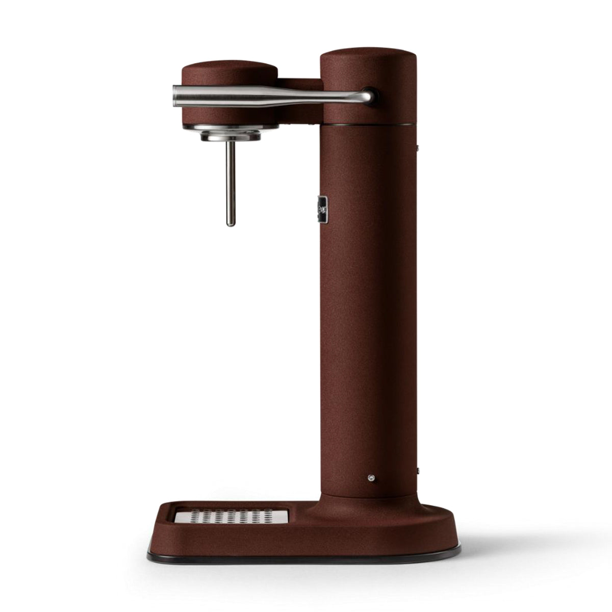 Side view of the stylish sparkling water maker designed by Aarke in Sweden showing the matte burgundy finish.