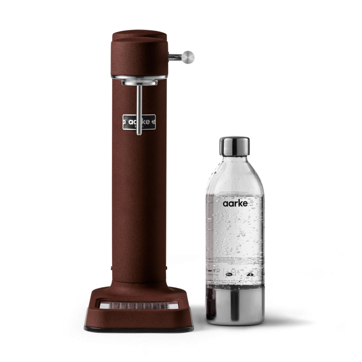 Front view of stylish sparkling water maker designed by Aarke in Sweden showing the matte burgundy finish and the included 650ml PET water bottle