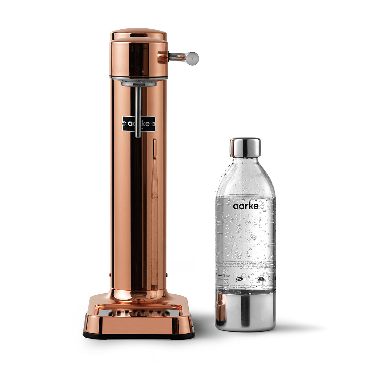 Front view of stylish sparkling water maker designed by Aarke in Sweden showing the copper finish and the included 650ml PET water bottle