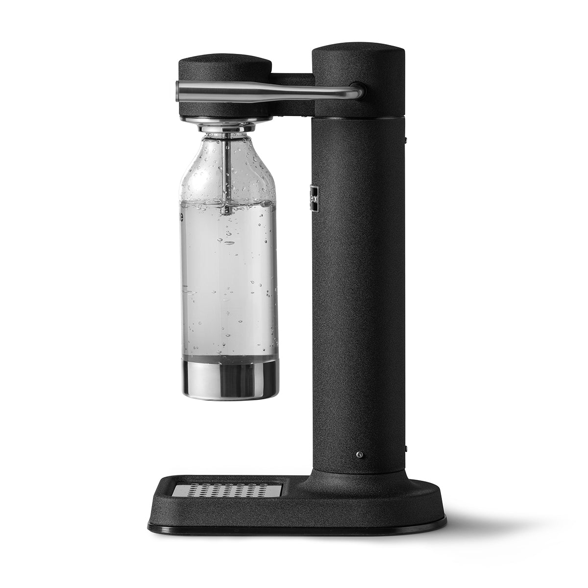 Side view of the stylish sparkling water maker designed by Aarke in Sweden showing the matte black finish and the included 650ml PET water bottle in use