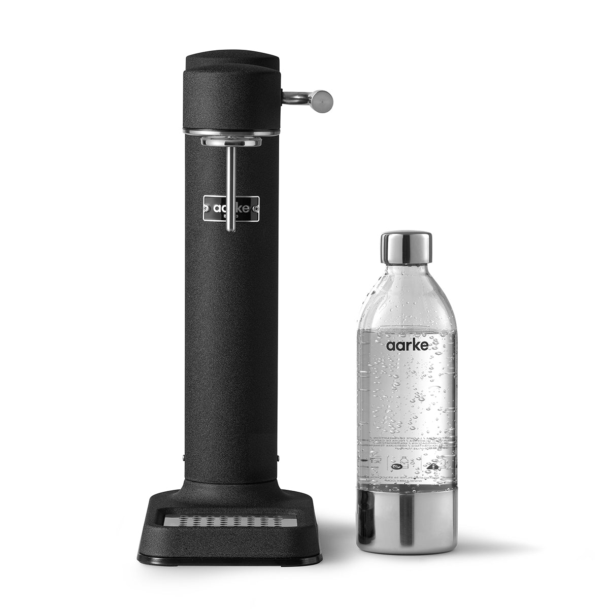 Front view of stylish sparkling water maker designed by Aarke in Sweden showing the matte black finish and the included 650ml PET water bottle