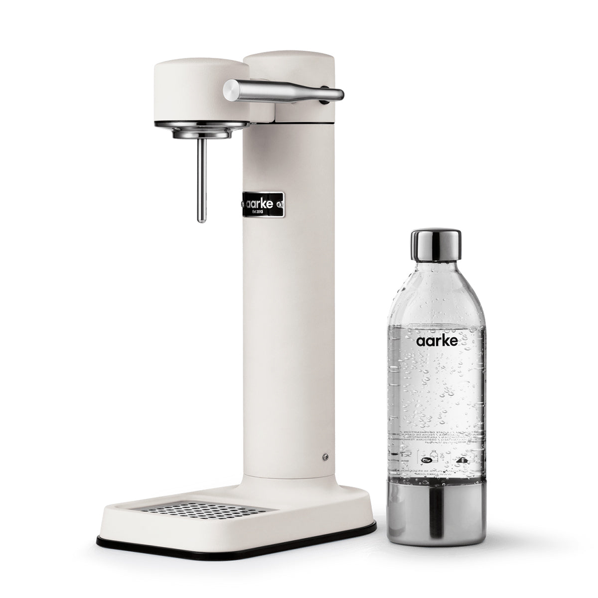 Stylish sparkling water maker designed by Aarke in Sweden showing the matte white finish and the included 650ml PET water bottle