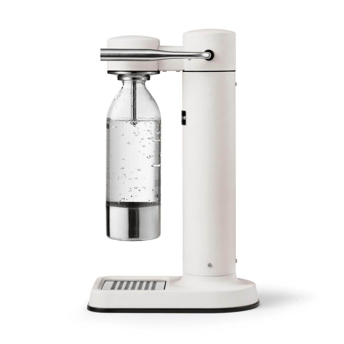 Side view of the stylish sparkling water maker designed by Aarke in Sweden showing the matte white finish and the included 650ml PET water bottle in use