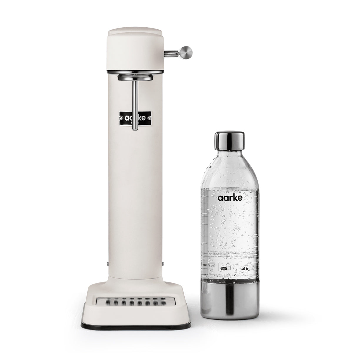 Stylish sparkling water maker designed by Aarke in Sweden showing the matte white finish and displayed on the kitchen bench