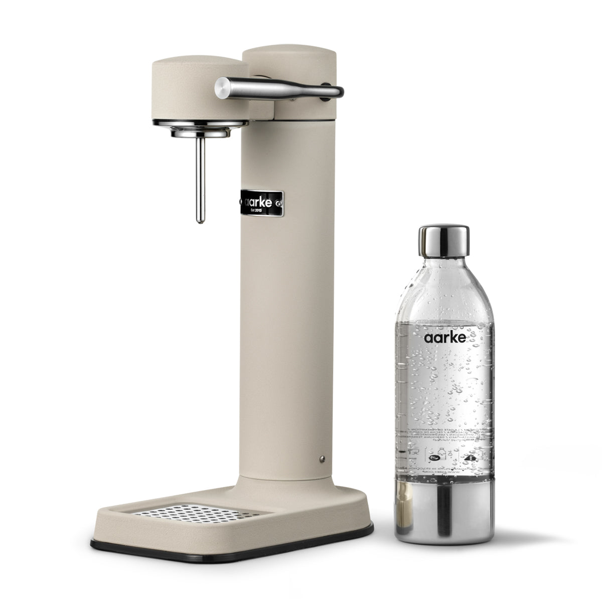 Stylish sparkling water maker designed by Aarke in Sweden showing the sand finish and the included 650ml PET water bottle