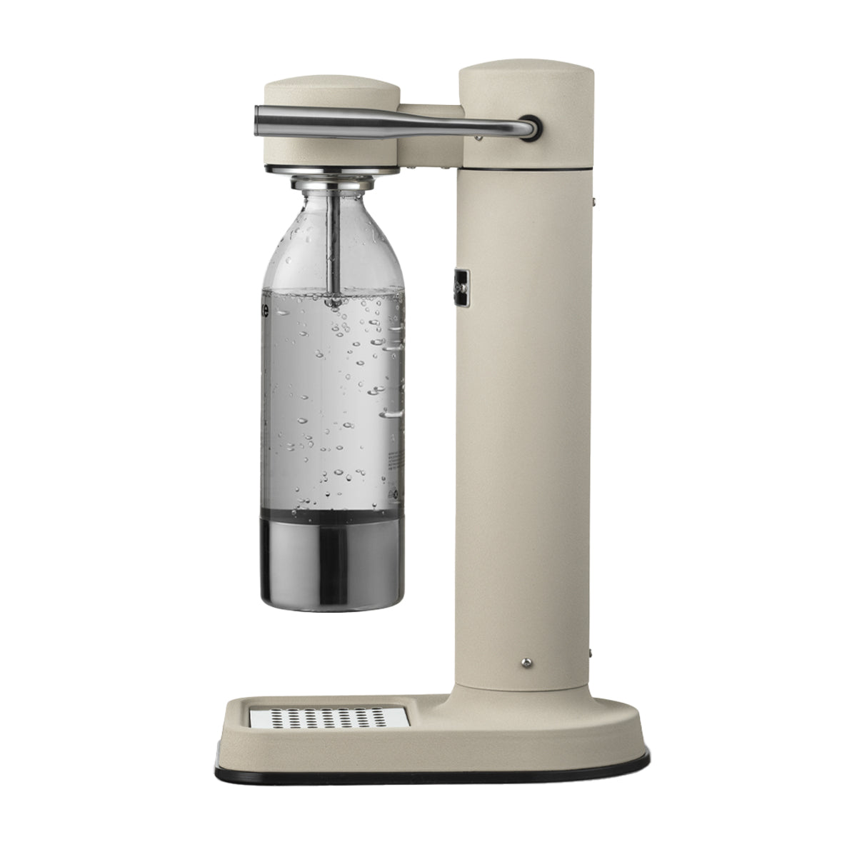 Side view of the stylish sparkling water maker designed by Aarke in Sweden showing the sand finish and the included 650ml PET water bottle in use