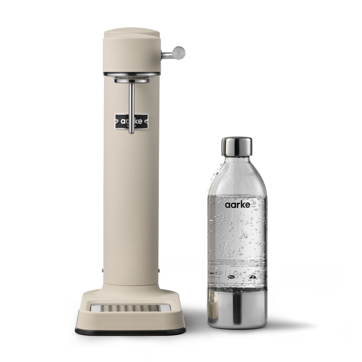 Front view of stylish sparkling water maker designed by Aarke in Sweden showing the sand finish and the included 650ml PET water bottle