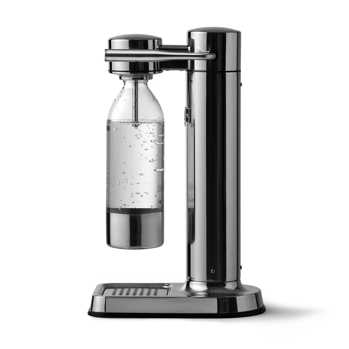 Side view of the stylish sparkling water maker designed by Aarke in Sweden showing the stainless steel finish and the included 650ml PET water bottle in use