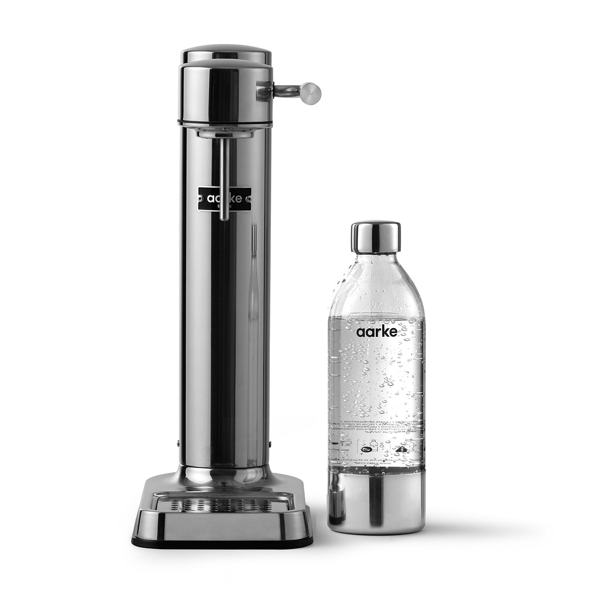 Front view of stylish sparkling water maker designed by Aarke in Sweden showing the stainless steel finish and the included 650ml PET water bottle
