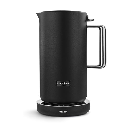 Stylish modern kettle made from stainless steel and designed in Sweden by Aarke with matte black finish