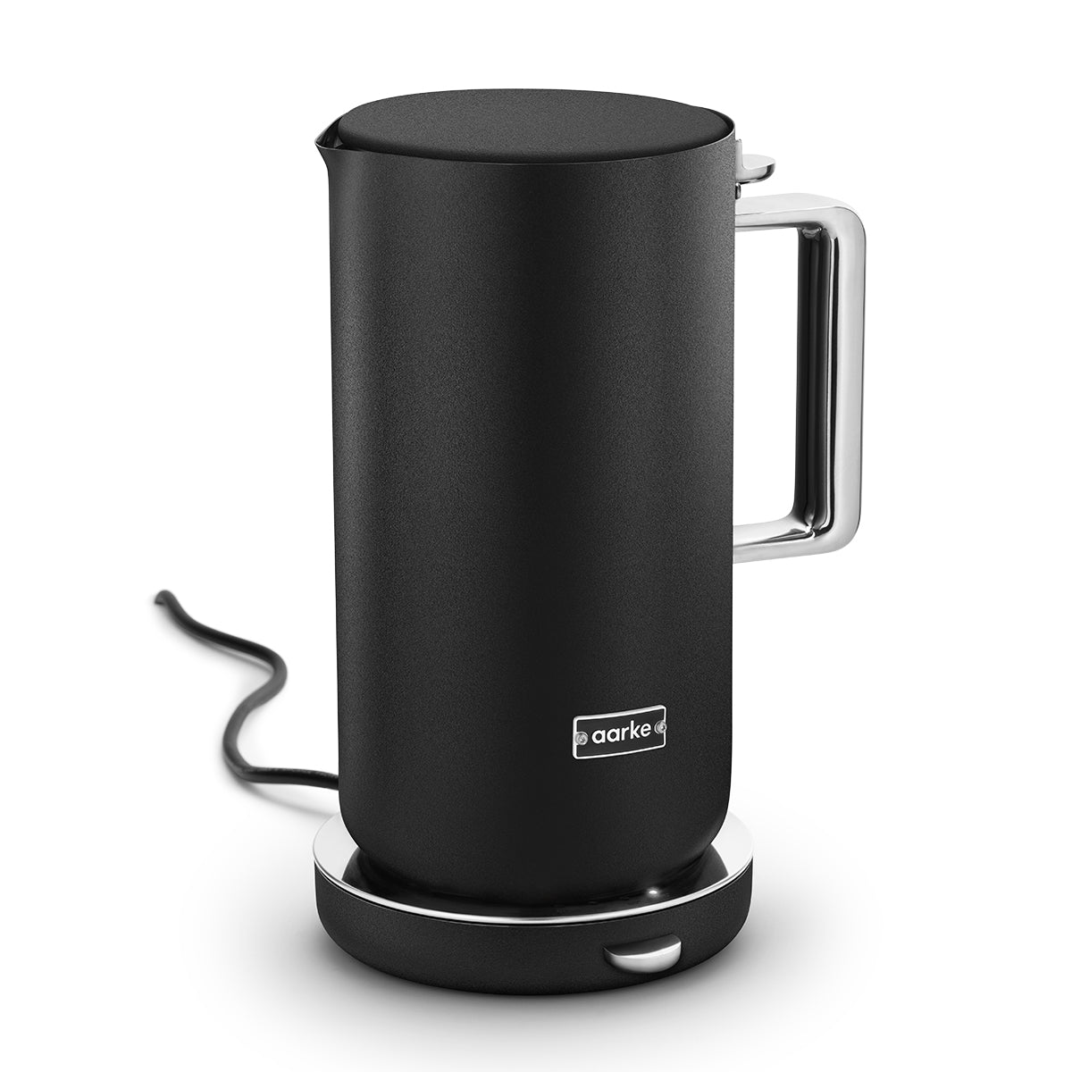 Stylish modern kettle made from stainless steel and designed in Sweden by Aarke with matte black finish showing side view