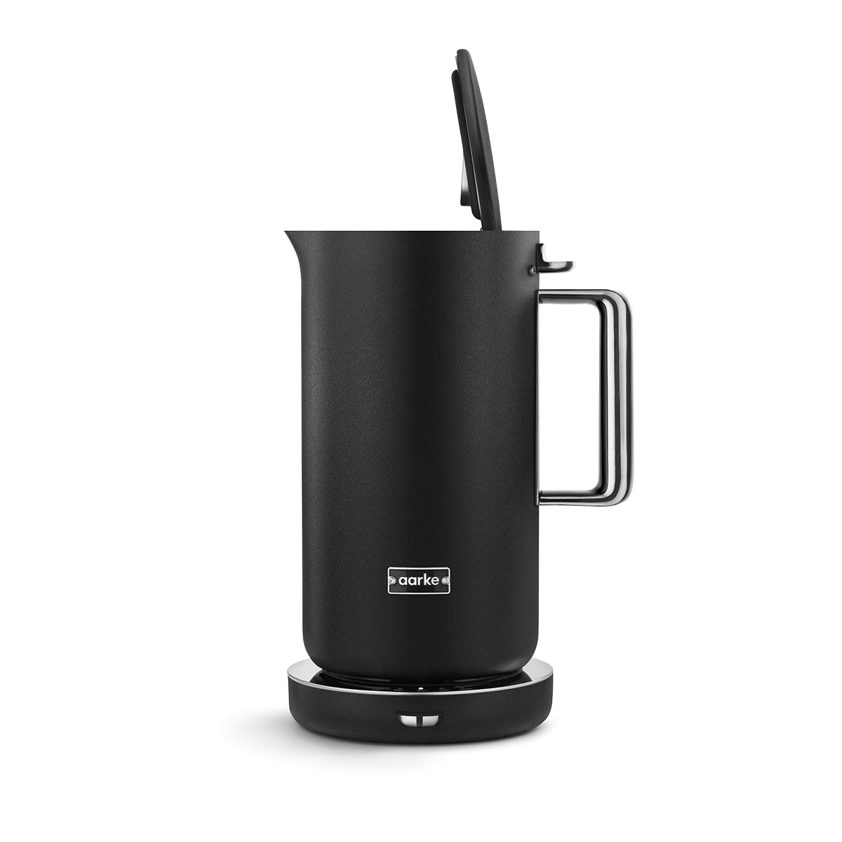 Stylish modern kettle made from stainless steel and designed in Sweden by Aarke with matte black finish showing lid open
