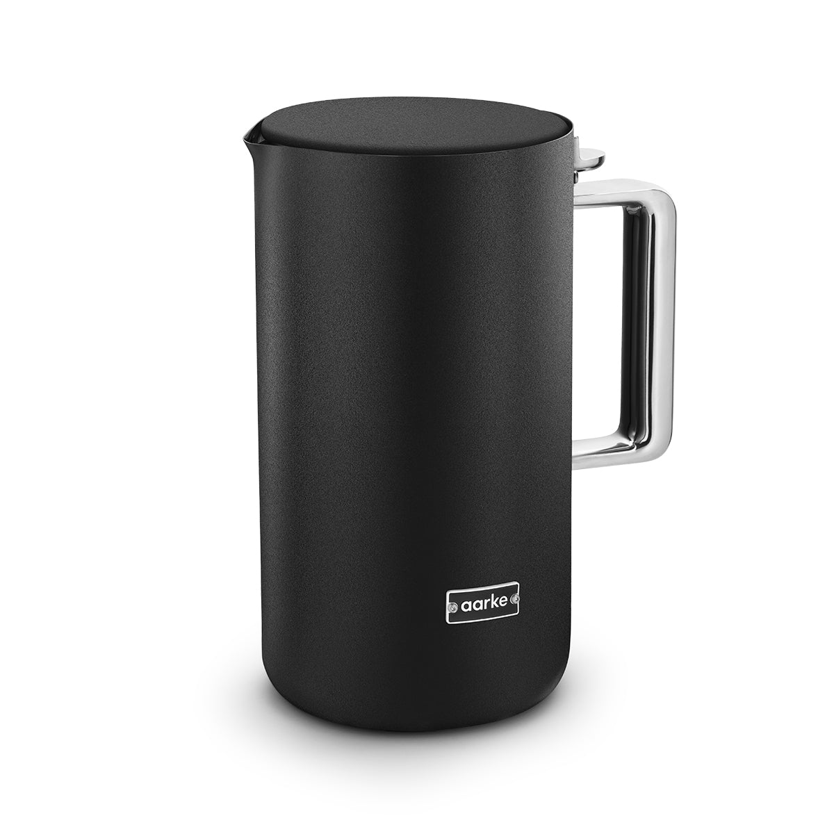 Stylish modern kettle made from stainless steel and designed in Sweden by Aarke with matte black finish without the base