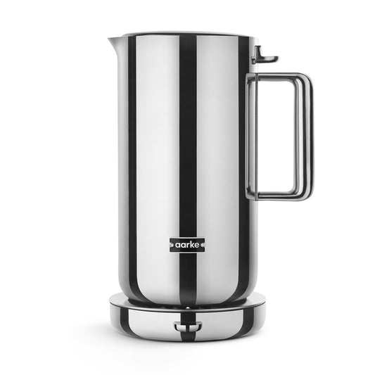 Stylish modern kettle made from stainless steel and designed in Sweden by Aarke with polished finish